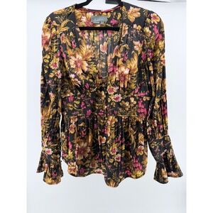Anthropologie Black Floral Boho M Whimsigoth Peasant Bell Sleeve Romantic Top